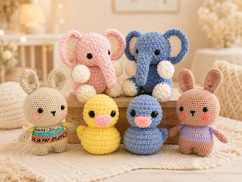 Cozy amigurumi crochet plush nursery display