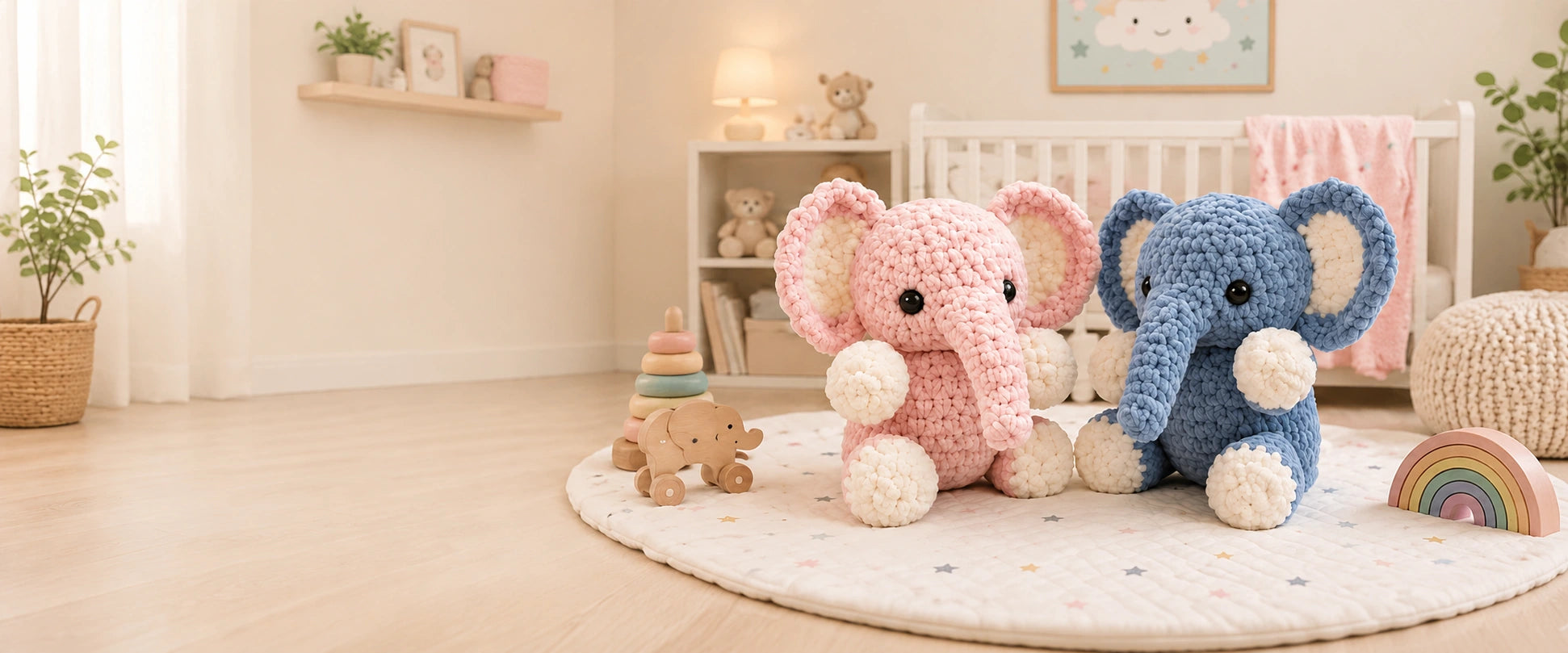 Cozy pastel nursery with handmade crochet plush toys