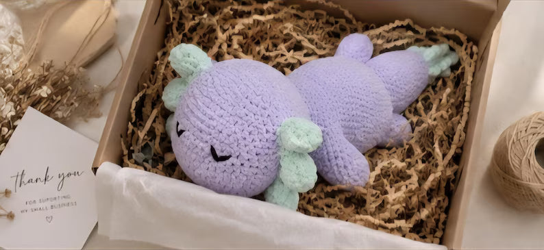 Axolotl Crochet Plush, Lavender Sleeping