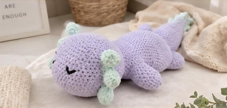 Axolotl Crochet Plush, Lavender Sleeping