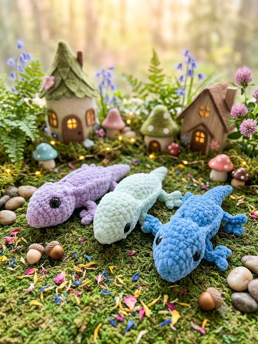 Handmade gecko crochet plush set